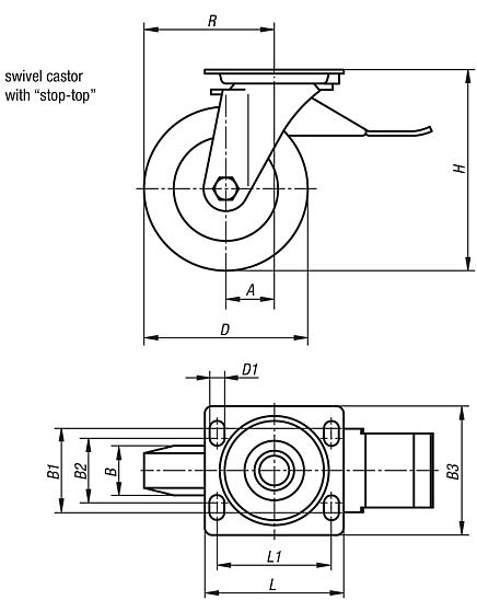Steel plate swivel castors with stop-top, Extrathane® tread, heavy duty version