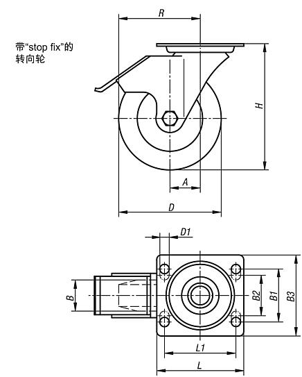 带“stop-fix”和尼龙轮钢板转向轮，标准型