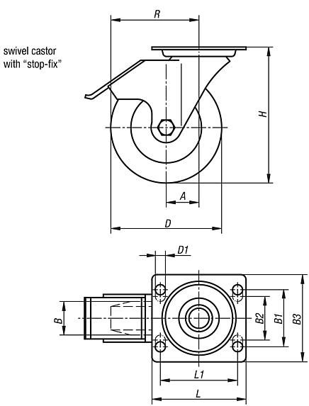 Steel plate swivel castors with stop-fix, polyamide wheels, standard version