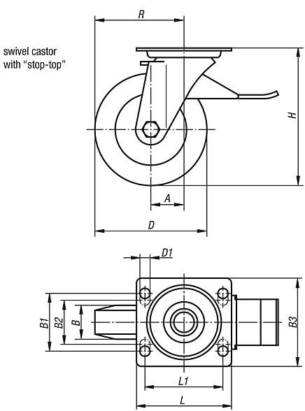 Steel plate swivel castors with stop-top, polyamide wheels, heavy duty version
