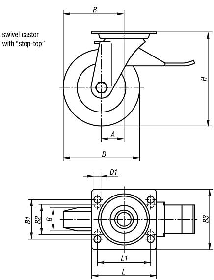 Steel plate swivel castors with stop-top, polyamide wheels, heavy duty version, plain and ball bearings