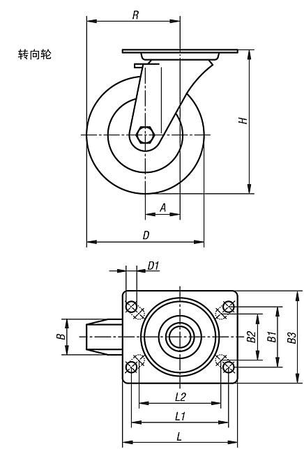 带尼龙轮不锈钢转向轮，标准型