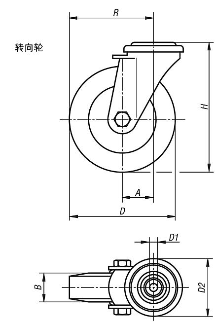 不锈钢转向轮，带螺栓孔，不带锁定系统，带聚氨酯弹性体胎面，用于无菌环境