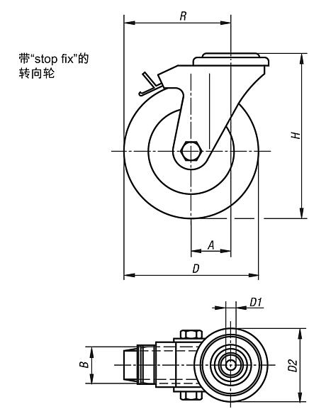 不锈钢转向轮，带螺栓孔和 stop fix 锁定系统，带聚氨酯弹性体胎面，用于无菌环境