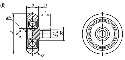 Guide rollers, plastic, convex, with and without stainless steel pin - Form B