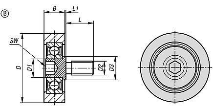 Guide rollers, plastic, cylindrical with and without stainless steel pin - Form B