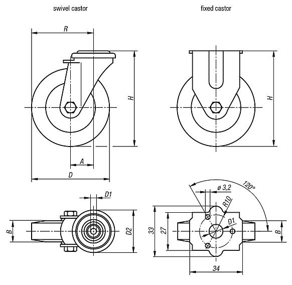 Appliance swivel and fixed castors with solid rubber tyres, standard version