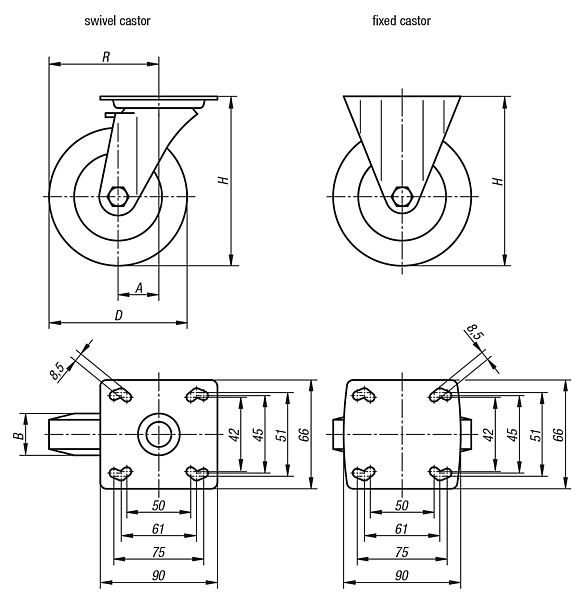 Steel plate swivel and fixed castors with standard solid rubber tyres, heavy duty version