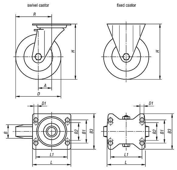 Sheet steel swivel and fixed castors with solid rubber tyres, standard version 
