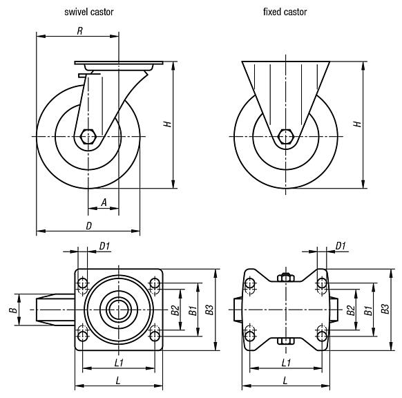 Sheet steel swivel and fixed castors with vulcanised-on elastic solid rubber tyres, standard version