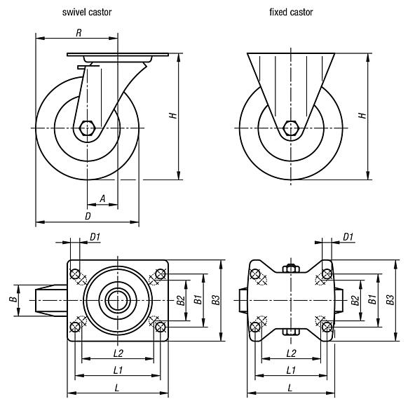 Swivel and fixed castors steel plate, with soft rubber tyres