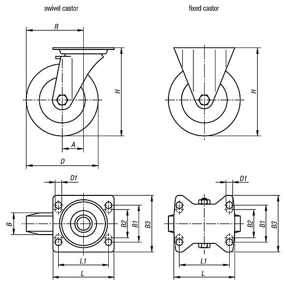 Steel plate swivel and fixed castors with Extrathane® tread, medium load version