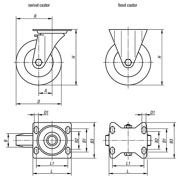 Steel plate swivel and fixed castors with Extrathane® tread, heavy duty version
