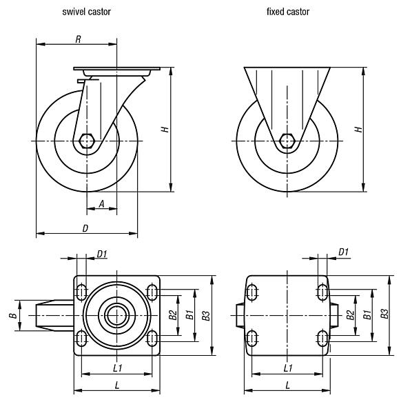 Welded steel swivel and fixed castors with Extrathane® tread, heavy-duty version