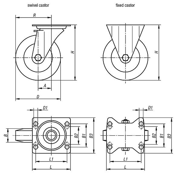 Steel plate swivel and fixed castors with polyamide wheels, standard version