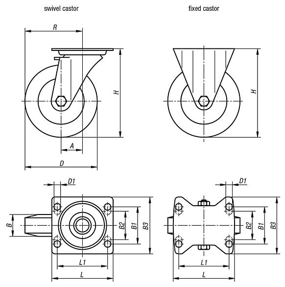 Steel plate swivel and fixed castors with polyamide wheels, heavy duty version, plain and ball bearings