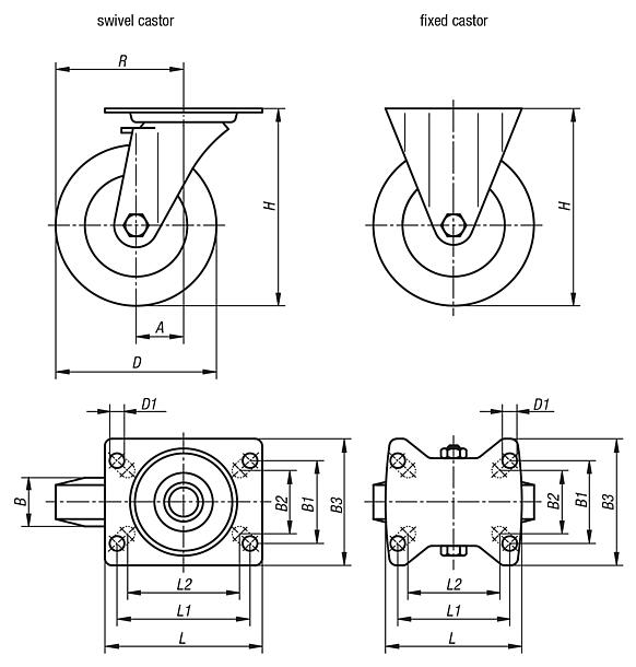Swivel and fixed castors, stainless steel with polyamide wheels, standard version