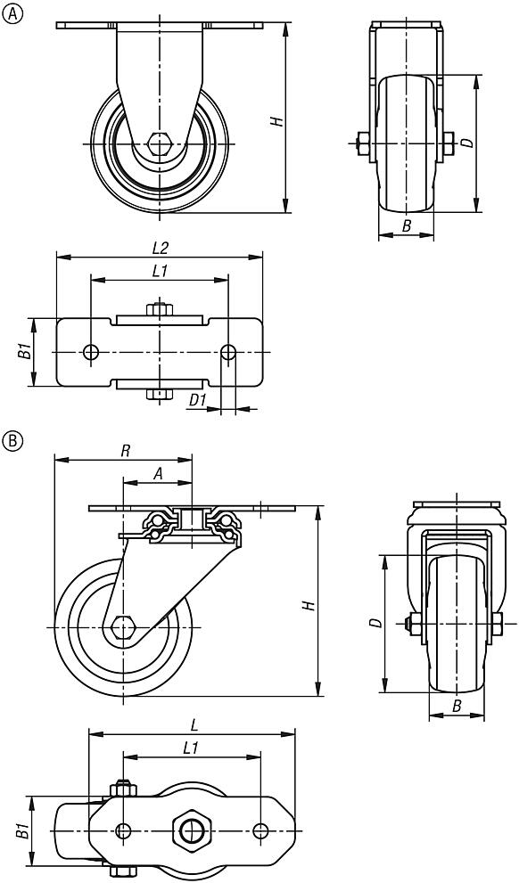 钢制转向轮和脚轮，用于铝制型材的弹性实心橡胶胎面