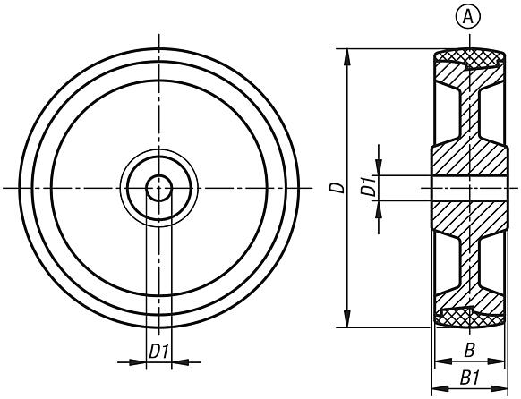 Polypropylene wheels, electrically conductive, with rubber tread, with plain bearing, Form A
