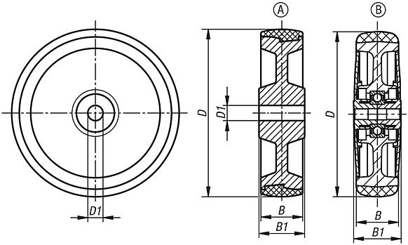 Polypropylene wheels, electrically conductive, with rubber tread