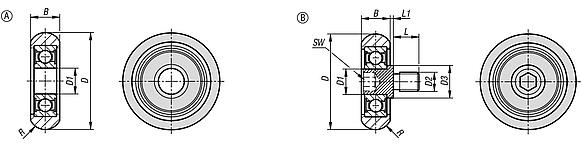 Guide rollers, plastic, convex with and without stainless steel pins