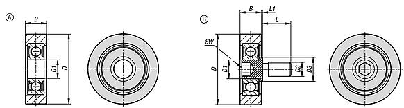 Guide rollers, plastic, cylindrical with and without stainless steel pins