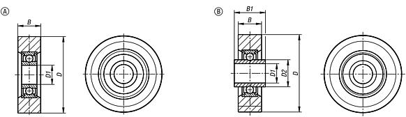 Guide rollers, plastic, cylindrical without pins