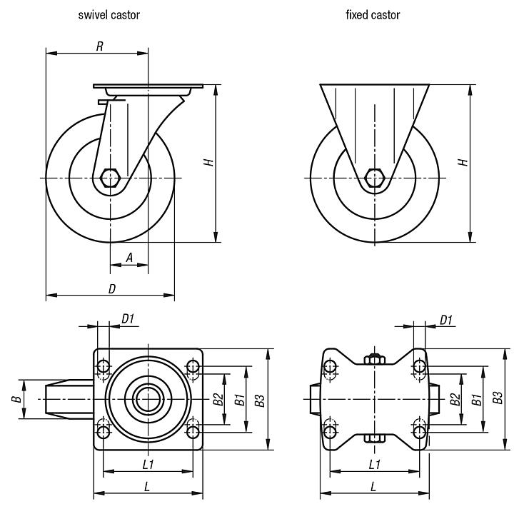 Steel plate swivel and fixed castors with abrasion resistant polyurethane tread, standard version