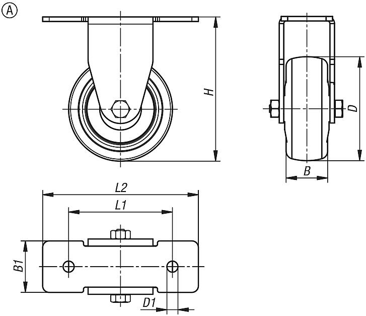 钢制转向轮和脚轮，用于铝制型材的弹性实心橡胶胎面，A 型