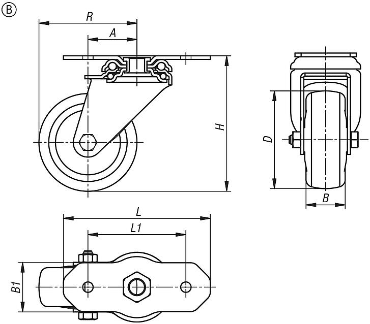 钢制转向轮和脚轮，用于铝制型材的弹性实心橡胶胎面，B 型