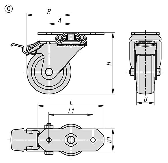钢制转向轮和脚轮，用于铝制型材的弹性实心橡胶胎面