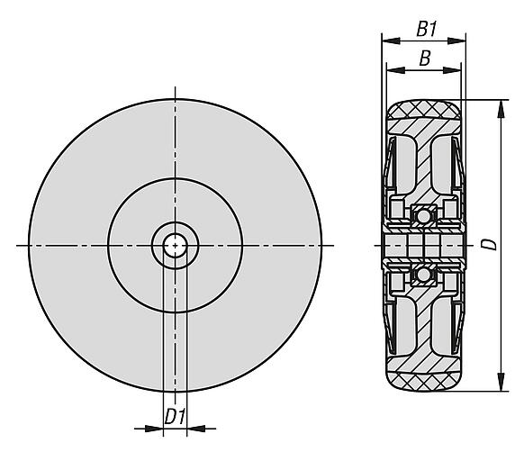 Polyamide wheels, electrically conductive, with polyurethane tread