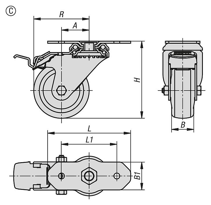 钢制转向轮和脚轮，用于铝制型材的 TPE 胎面，C 型
