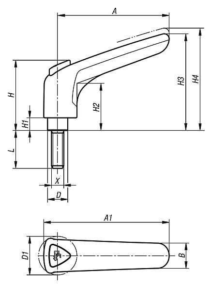 Clamping levers, plastic, ergonomic, with external thread, threaded pin stainless steel