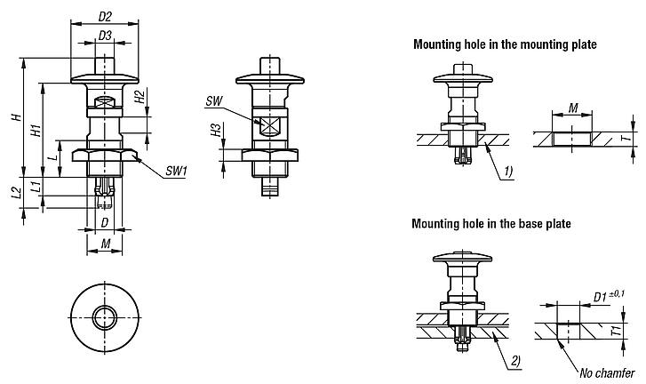Locking pins, stainless steel with stainless steel mushroom grip