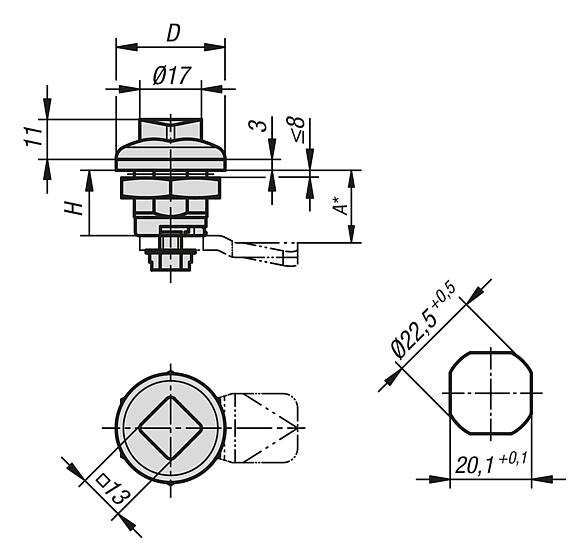 Hygienic DESIGN 不锈钢旋转锁销，带方形驱动装置