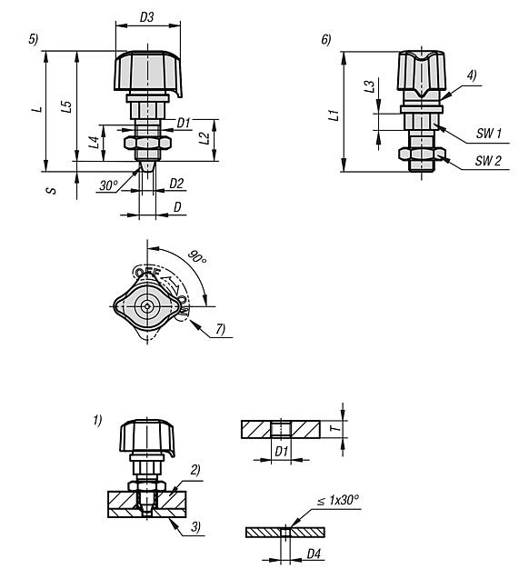 Indexing plungers, steel with plastic twist knob and tapered indexing pin, Form A